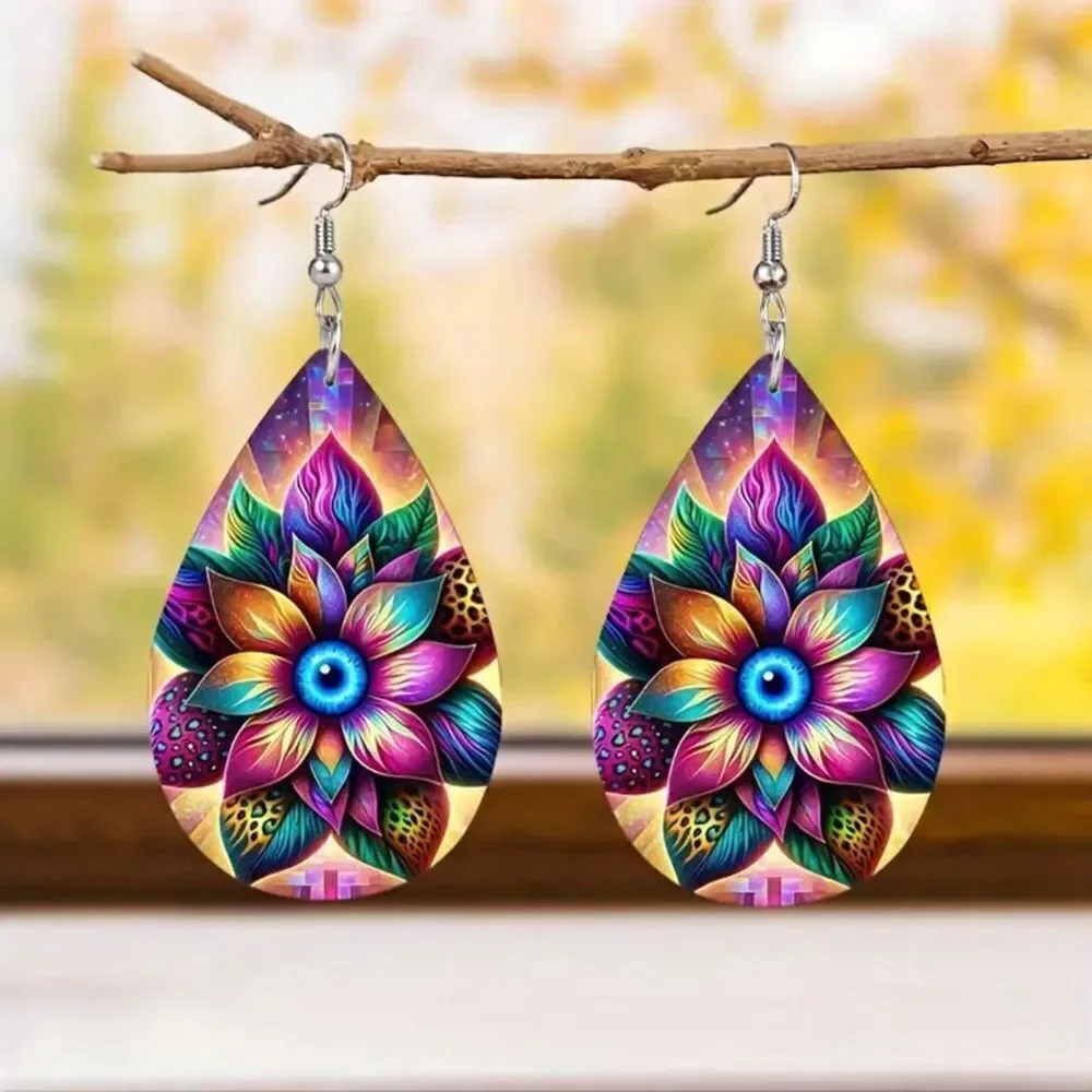 Lotus Multi Color Faux Leather Teardrop Dangle Earrings